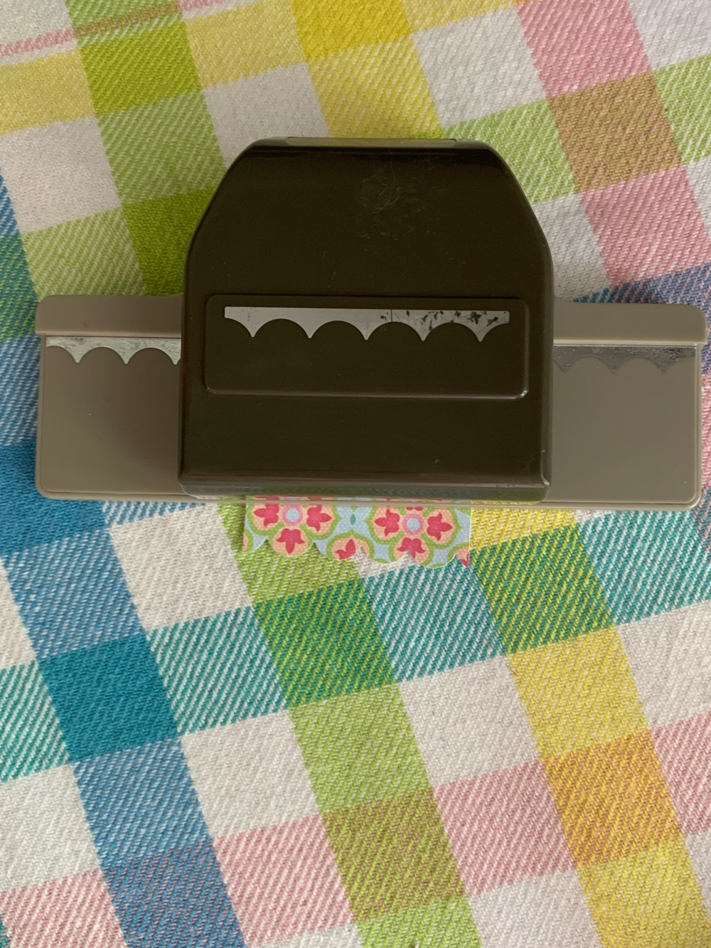 Stamp’in Up Scallop Edge Paper Punch. Works very well. It does have a squeak
